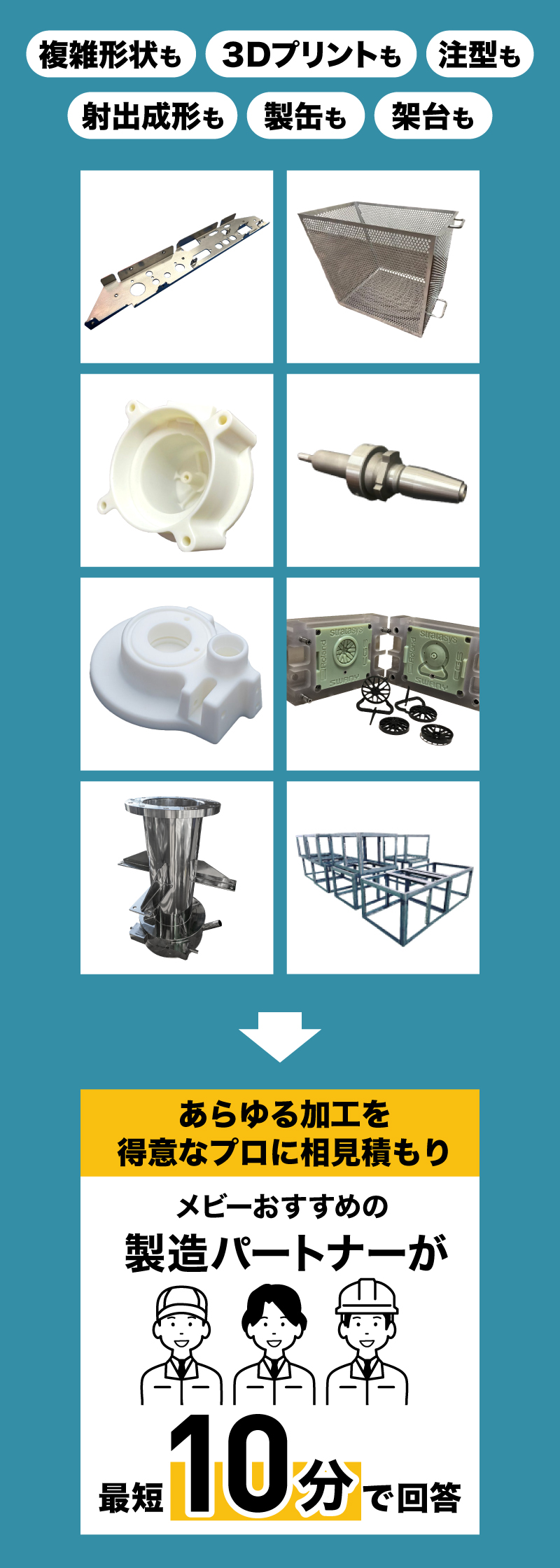 複雑形状も3Dプリントも注型も射出成形も製缶も課題も、あらゆる加工を得意なプロに相見積もり！メビーおすすめの製造パートナーが、最短10分で回答！