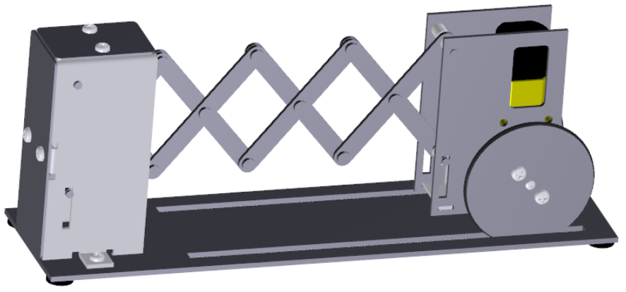 図1-7 金属製スライドゲート機構の構造（3次元CAD図）_a) 組立図（伸びた状態）