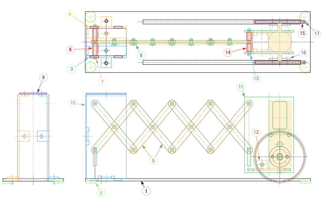 図2-1 金属製スライドゲート機構と通し番号（2次元CAD図）