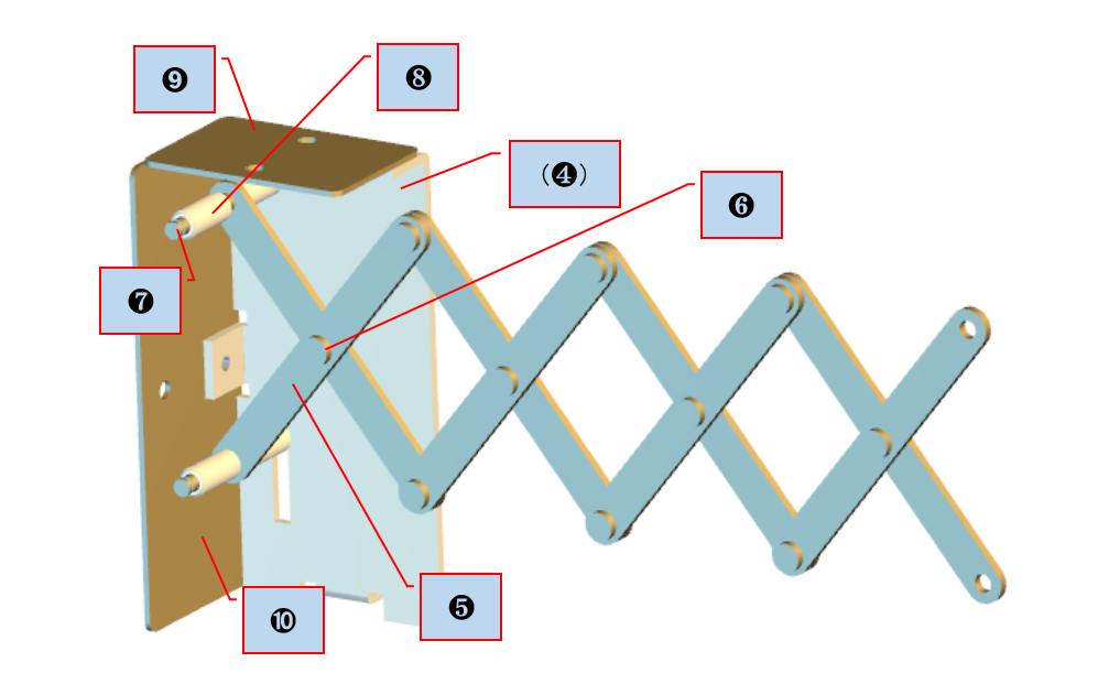 図4-6 リンク板❺のセットとピン❻、軸❼、スペーサー❽、天板➒、後ろ板➓の関係