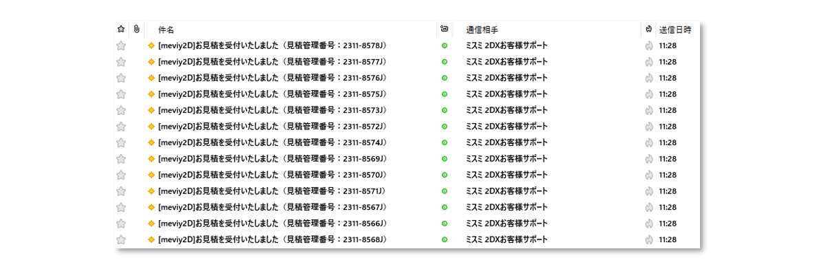 図7-18(a) 見積受付の連絡：ミスミから届いた見積受付メールのリスト