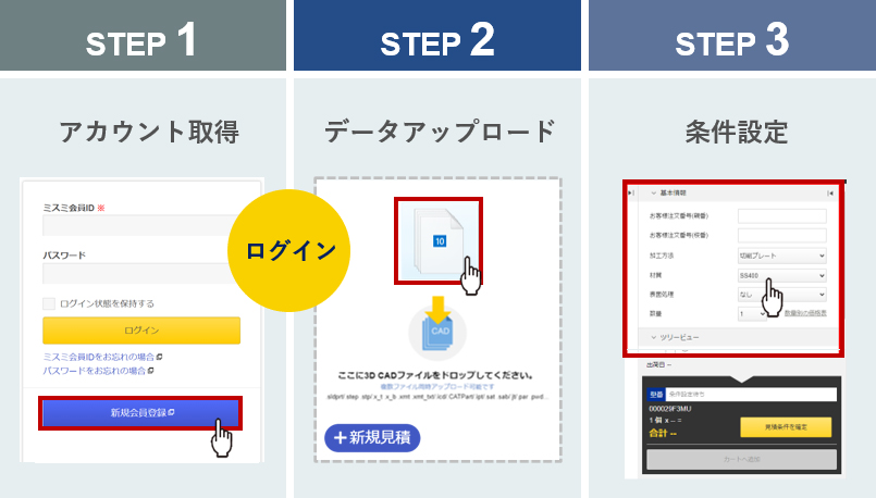 メビーなら簡単3ステップで機械加工部品の見積もりが可能