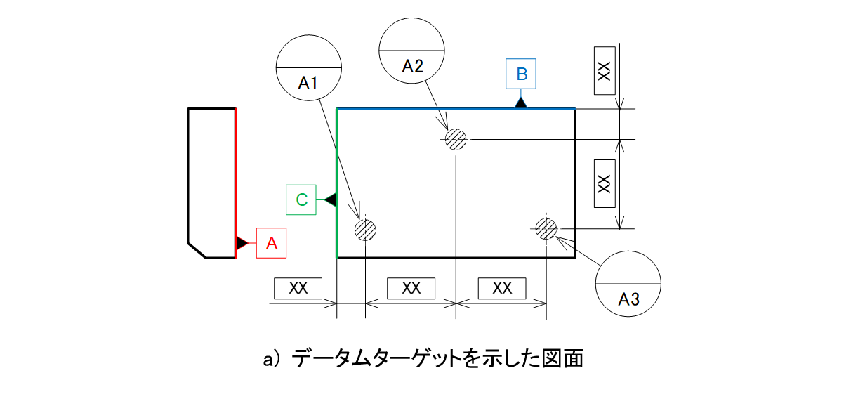 図3-16 データムターゲット図面とその治具例_a) データムターゲットを示した図面