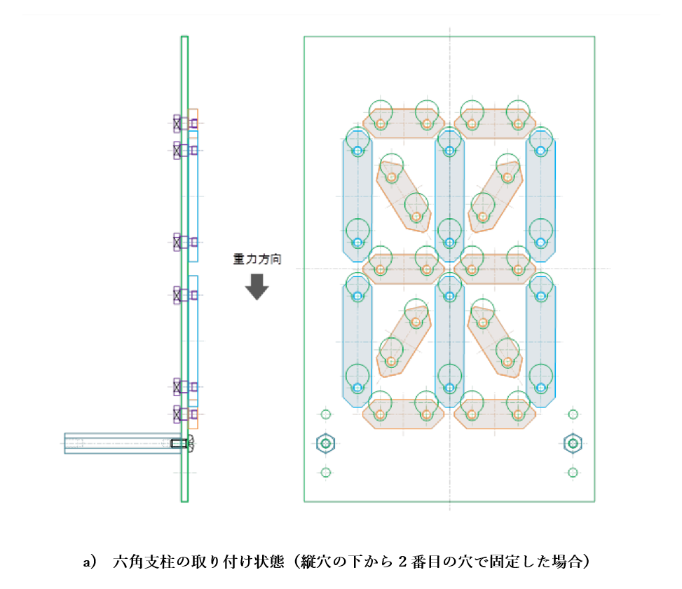 図2-10　ベース板の傾斜方法_a)六角支柱の取り付け状態（縦穴の下から2番目の穴で固定した場合）