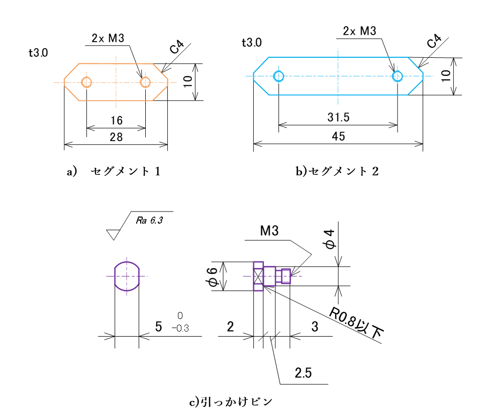 図2-9 セグメントと引っかけピンの図面とベース板の構造_a)セグメント1、 b)セグメント2、 c)引っかけピン