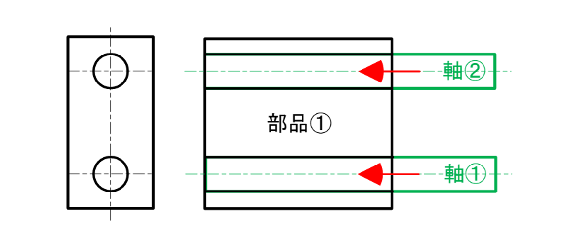 図11-10 穴の中心線を基準にして平行度を他の穴の中心線に指示した例