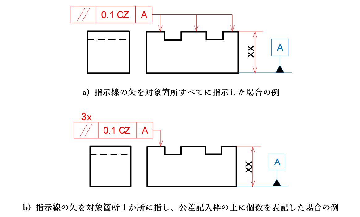 図11-7 平行度を共通領域の表面に指示した例_a) 指示線の矢を対象箇所すべてに指示した場合の例_b) 指示線の矢を対象箇所1か所に指し、公差記入枠の上に個数を表記した場合の例