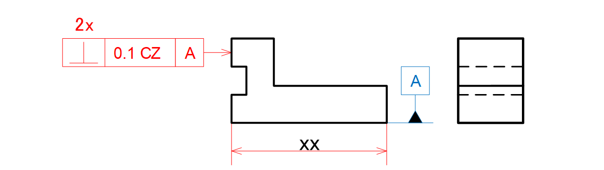 図12-7 b) 指示線の矢を対象箇所1か所に指し、公差記入枠の上に個数を表記した場合の例