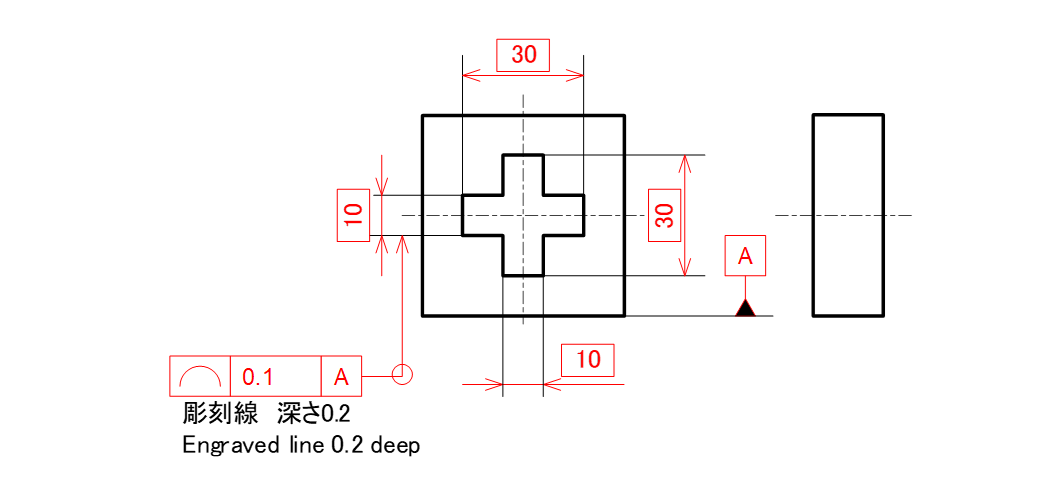 図14-4 線の輪郭度を複合形体である彫刻線に指示した例