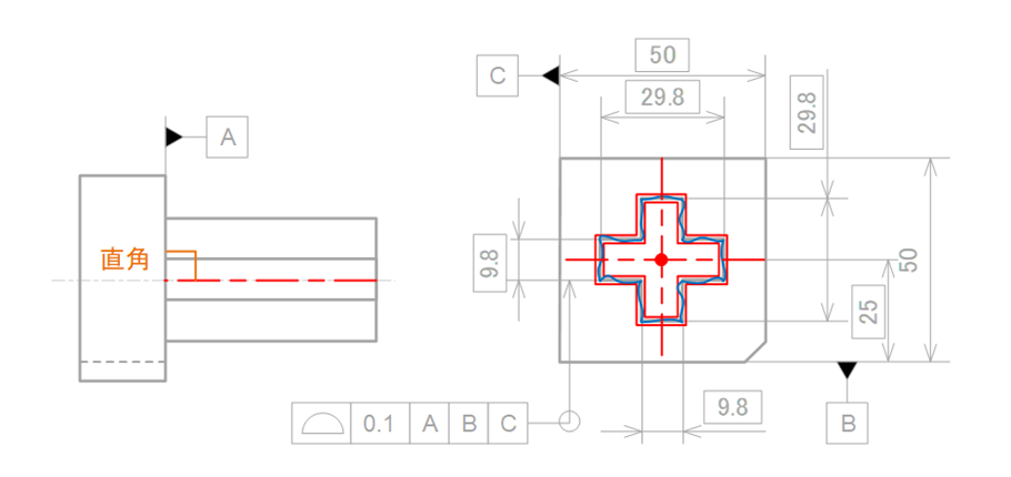 図18-7 面の輪郭度を十字軸に指示した時の公差領域_a) 公差領域全体イメージ